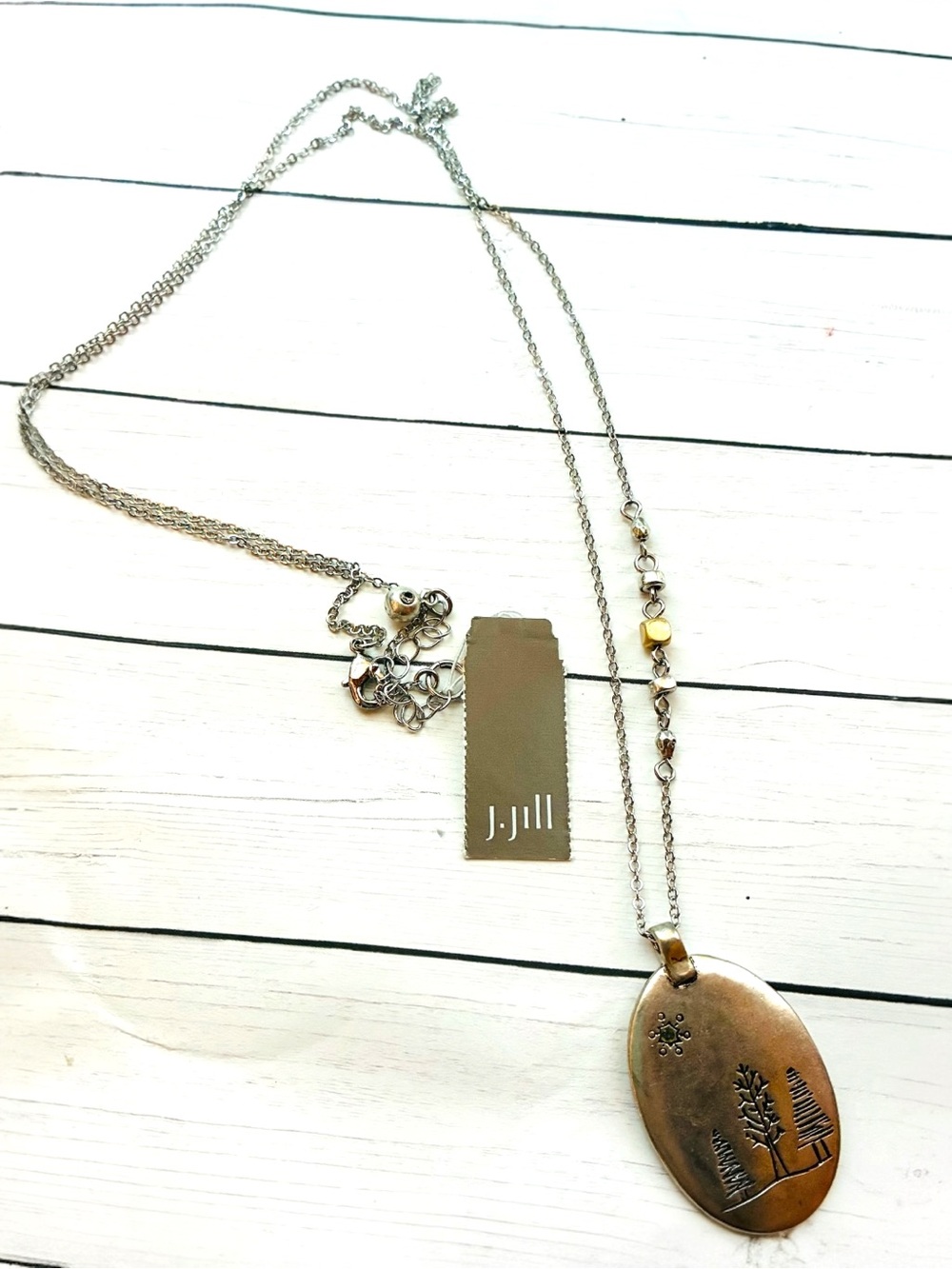NEW NWT J. Jill Silver Oval Winter Scene Tree Rhinestone Pendant Necklace $39